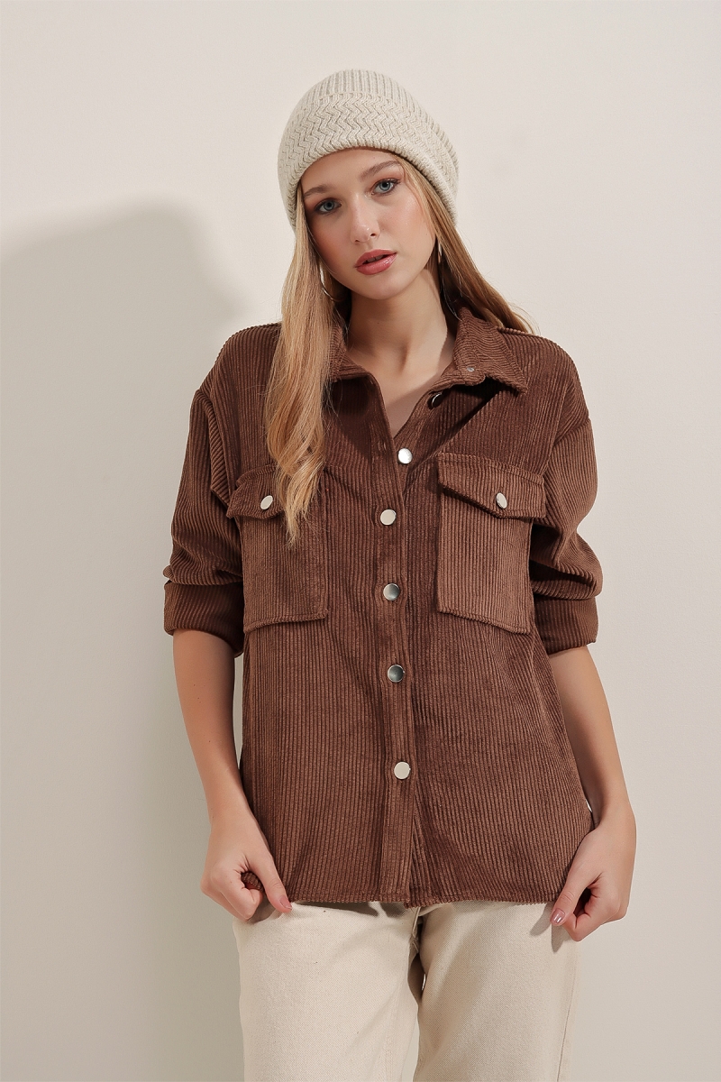 3865 Çizgili Kadife Gömlek - Kahverengi - BİGDART