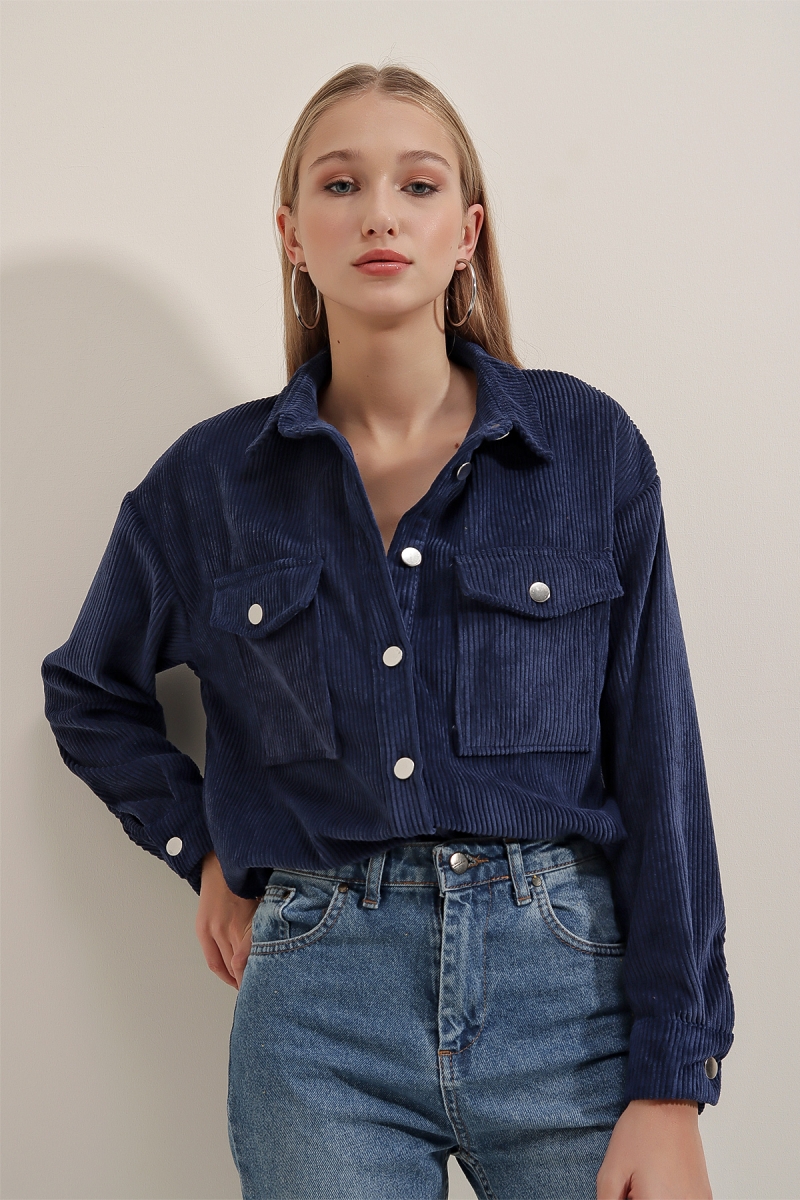 3865 Çizgili Kadife Gömlek - Lacivert - BİGDART