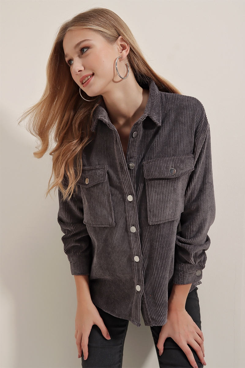 3865 Çizgili Kadife Gömlek - Füme - BİGDART