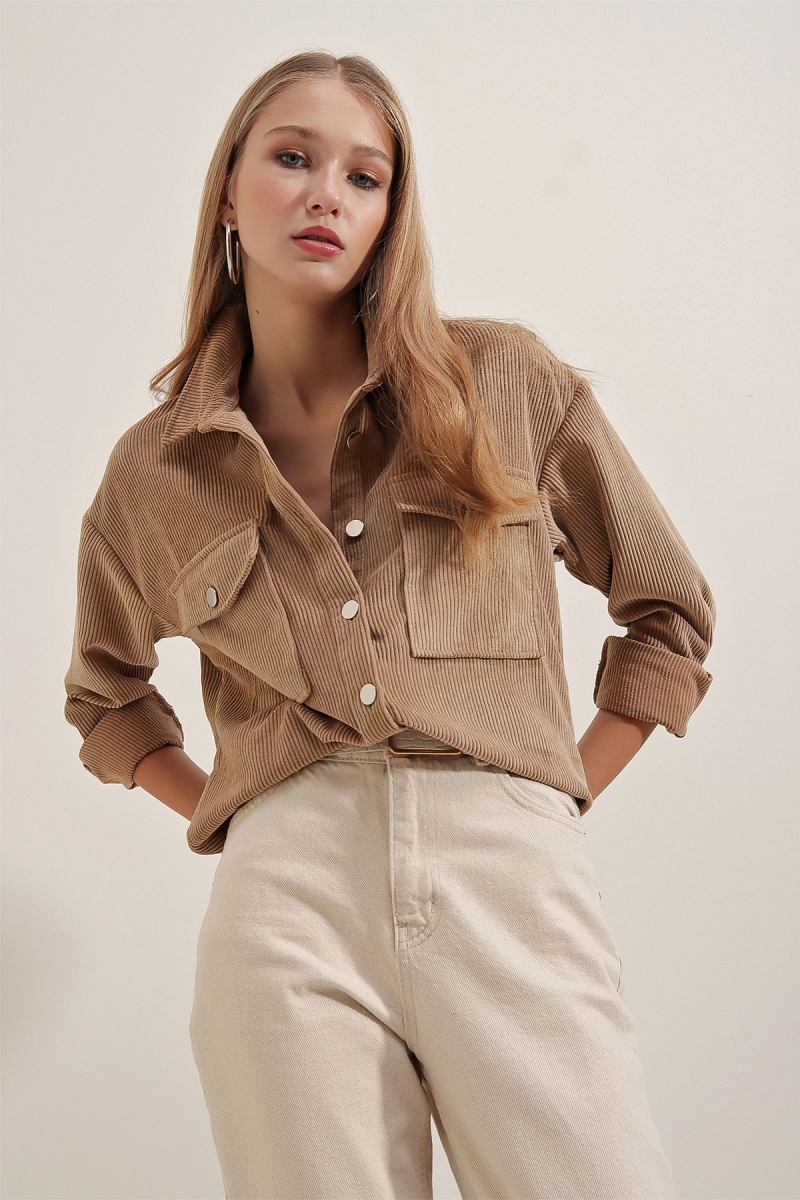 3865 Çizgili Kadife Gömlek - Bej - BİGDART