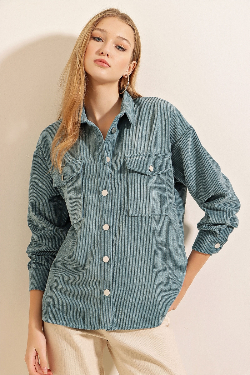 3865 Çizgili Kadife Gömlek - Mint - BİGDART