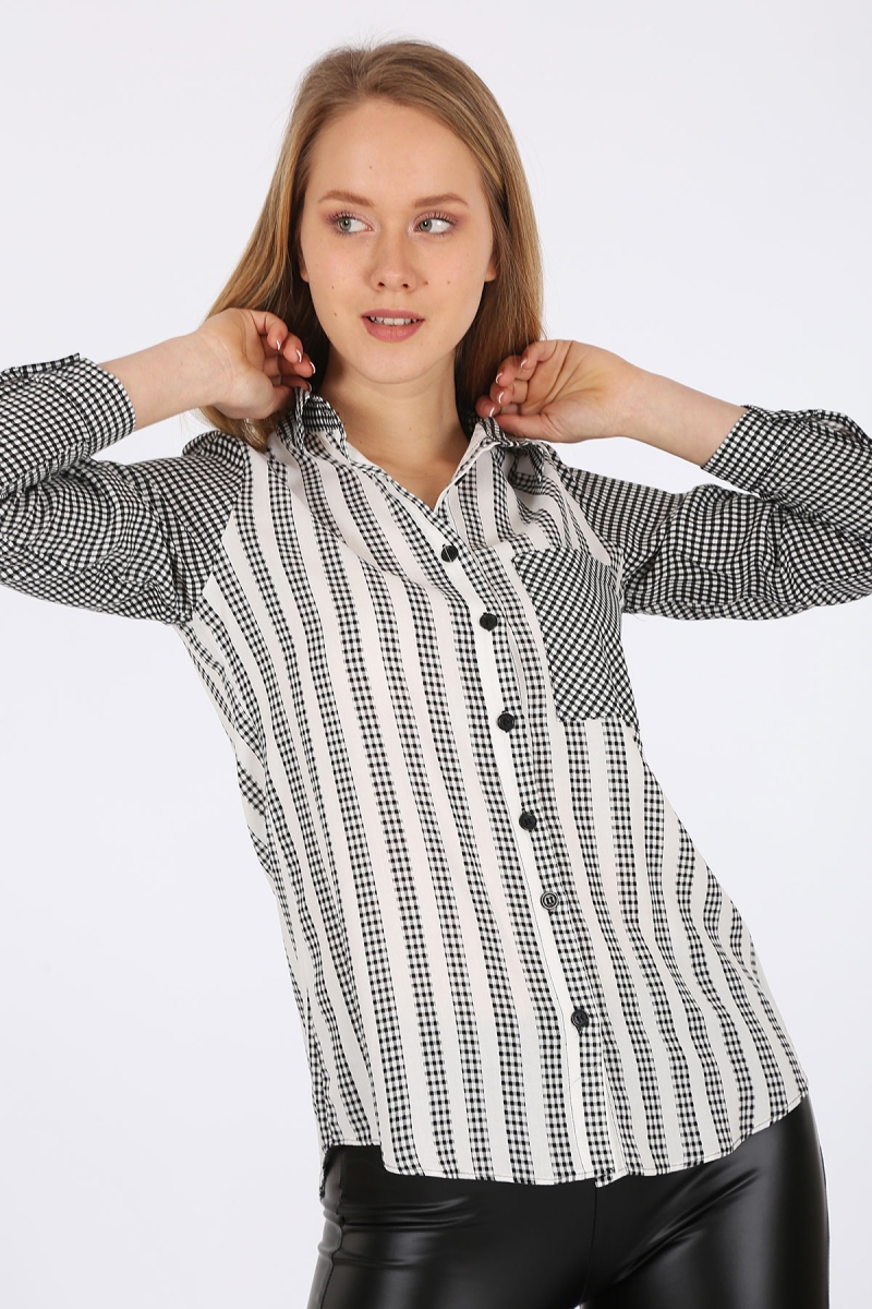 3872 Çiçek Baskılı Ekose Desen Gömlek - Siyah - BİGDART