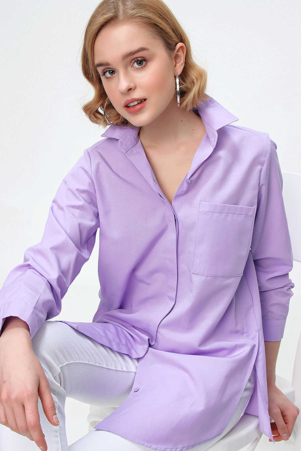 3879 Oversize Cepli Gömlek - Lila - 1