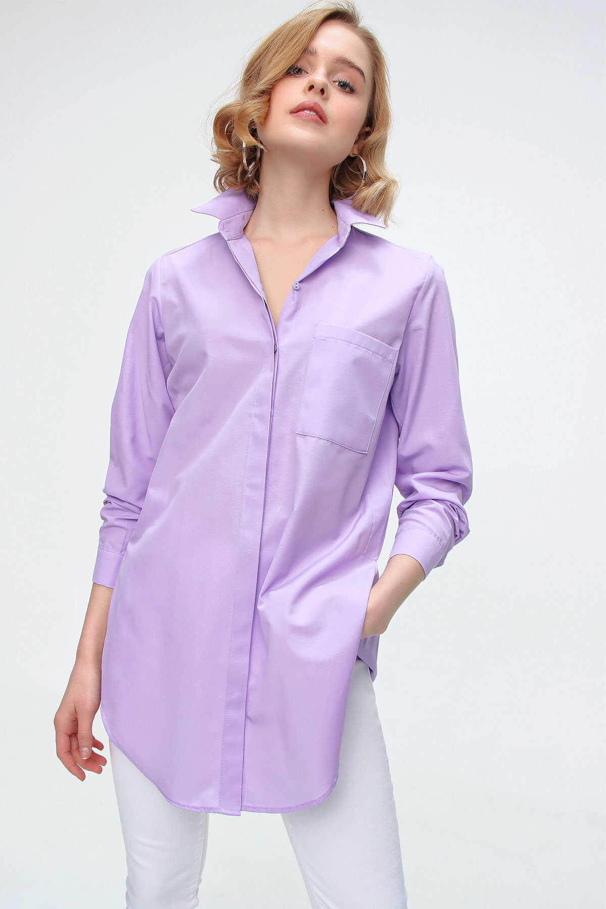 3879 Oversize Cepli Gömlek - Lila - 4