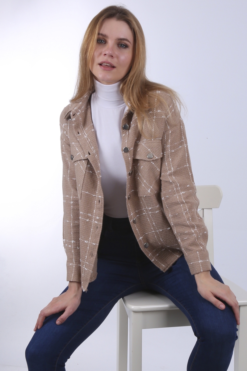 3881 Ekose Desen İnce Kaşe Gömlek - Bej - BİGDART