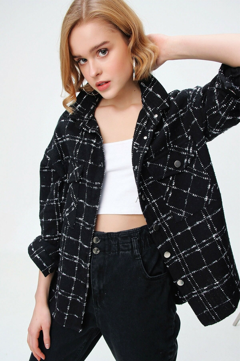 3881 Ekose Desen İnce Kaşe Gömlek - Siyah - BİGDART