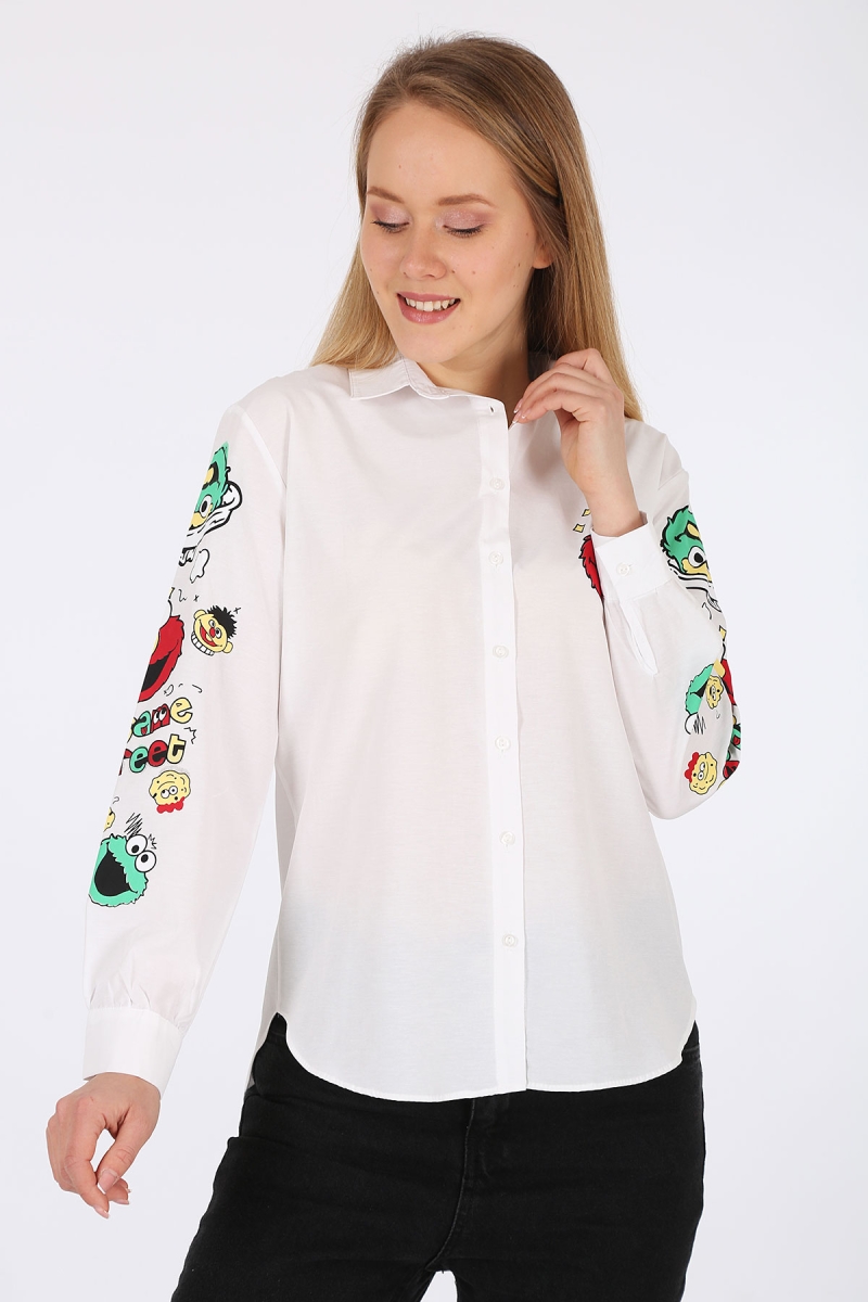 3894 Oversize Baskılı Gömlek - Beyaz - BİGDART