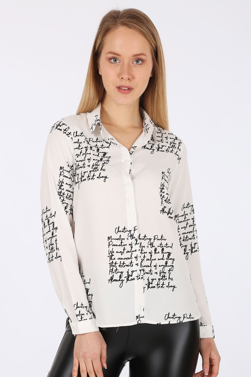 3898 Desenli Viskon Gömlek - B.Beyaz - BİGDART