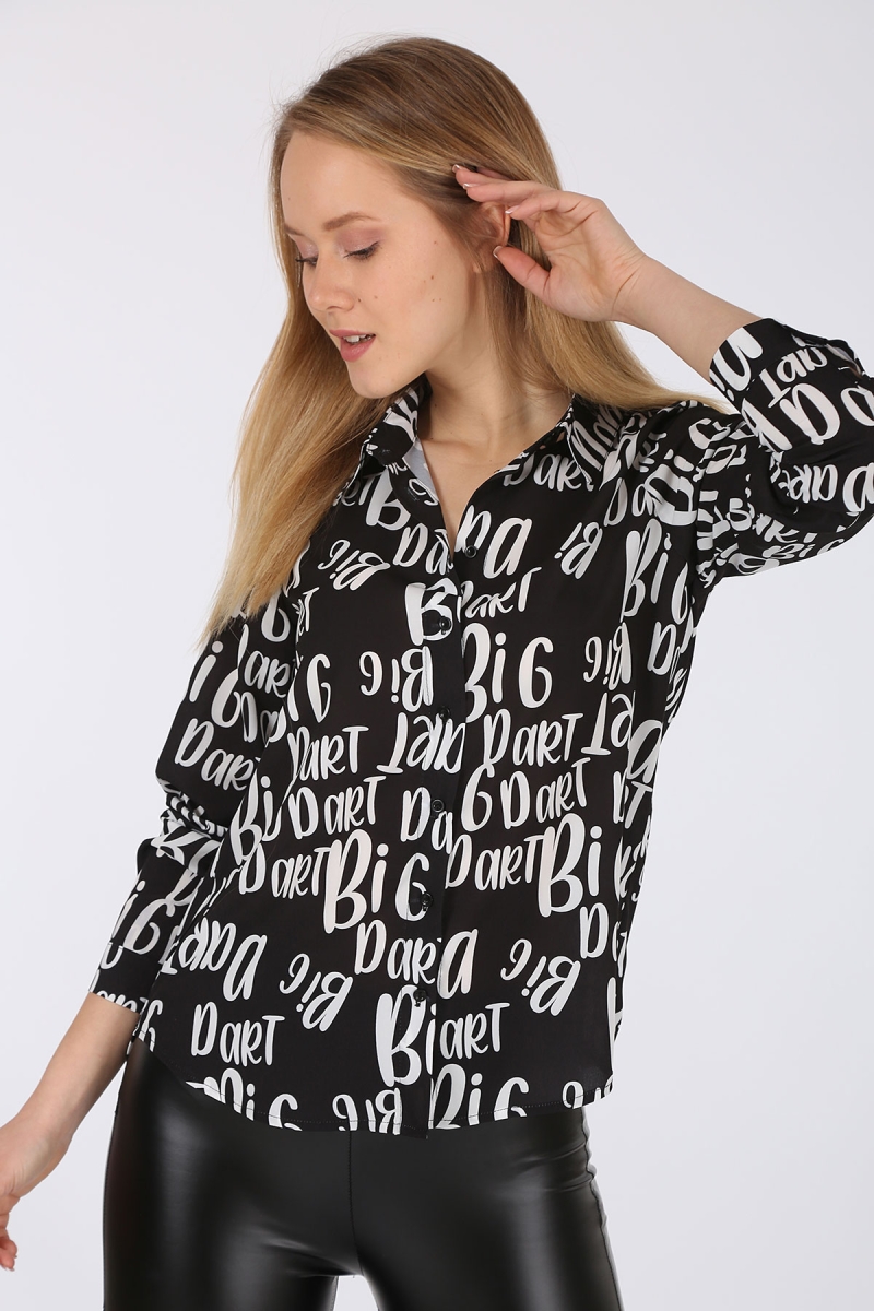3899 Yazı Baskılı Gömlek - Siyah - BİGDART