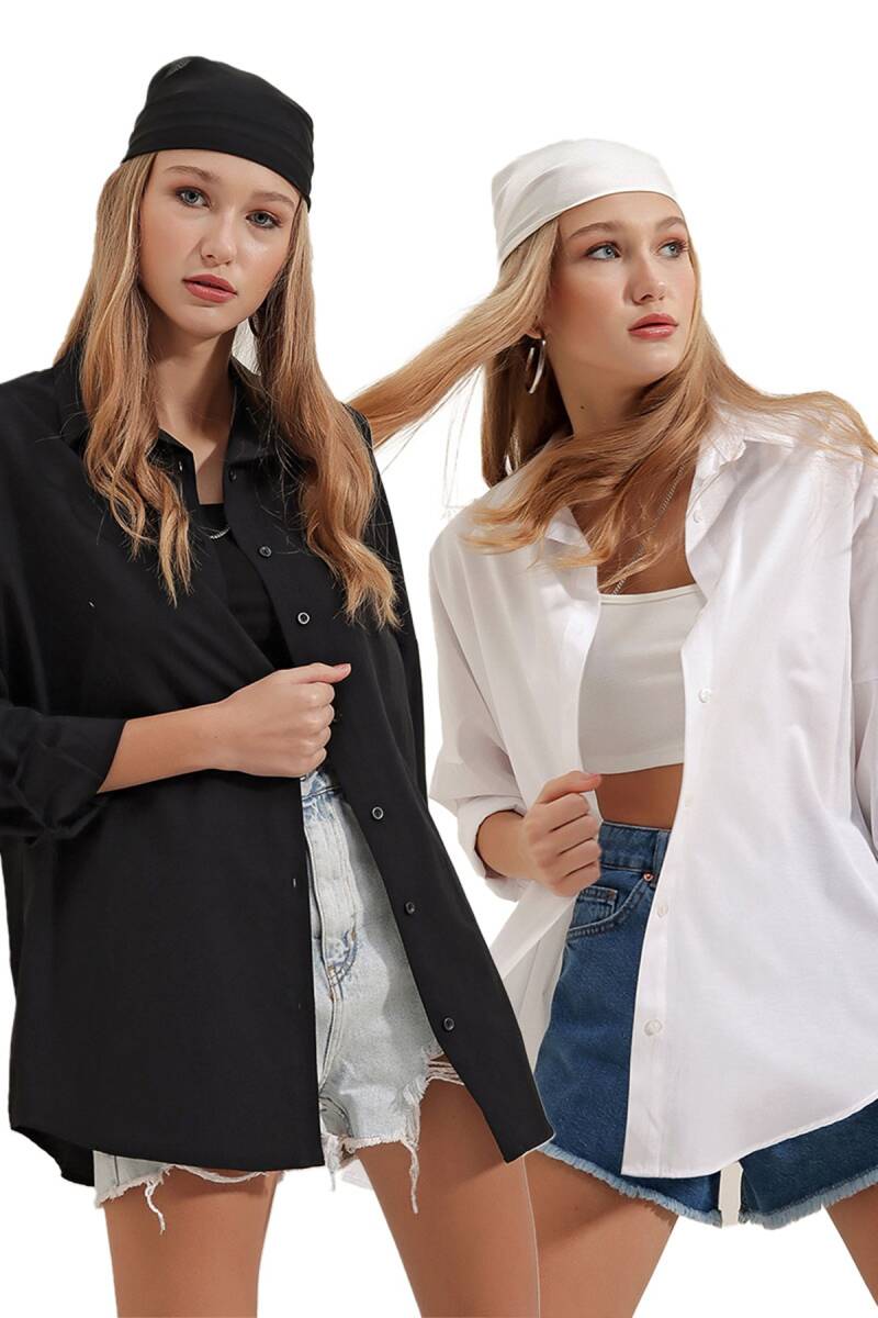 Kadın Siyah Beyaz Oversize Basic Gömlek 3900 - BİGDART