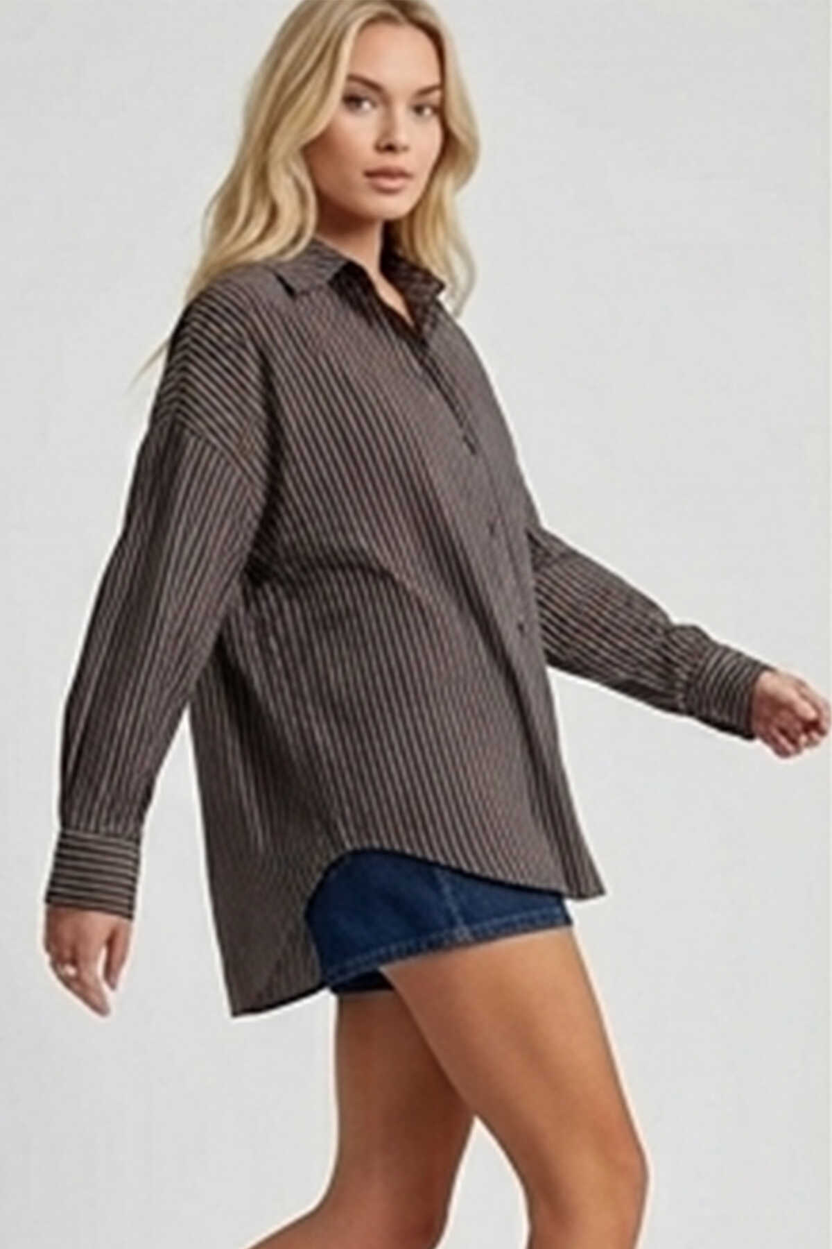 3900 Oversize Çizgili Gömlek - Y.Kahve - 3