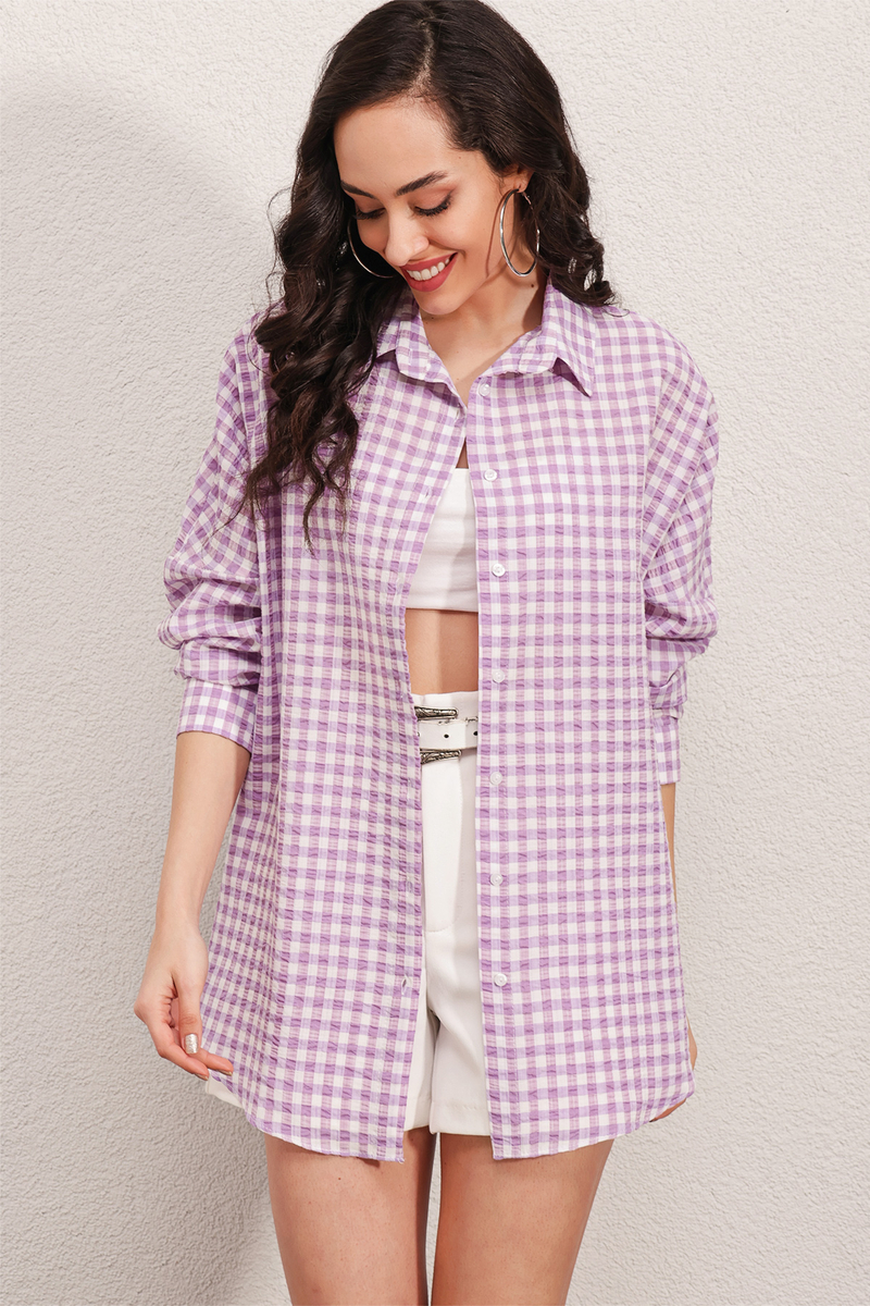 3900 Oversize Kareli Gömlek - Y.Lila - BİGDART