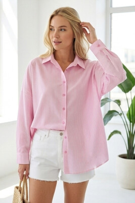 3900 Oversize Çizgili Gömlek - Y.pembe 