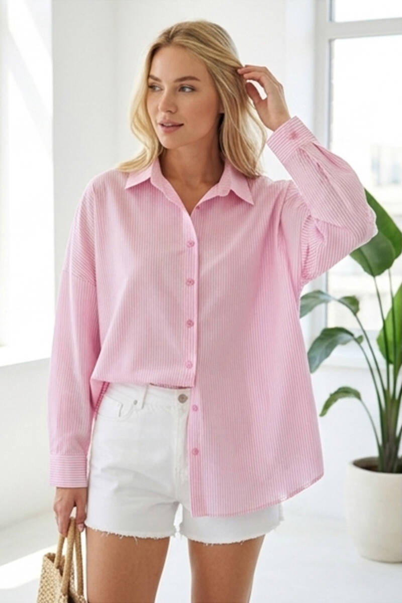 3900 Oversize Çizgili Gömlek - Y.pembe - BİGDART