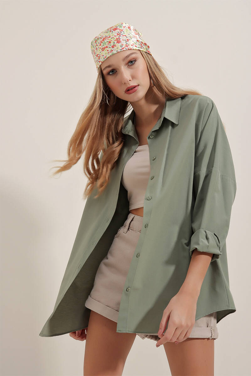 Kadın Haki Oversize Uzun Basic Gömlek 3900 - BİGDART