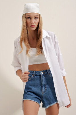 Kadın Beyaz Oversize Uzun Basic Gömlek 3900 - 2