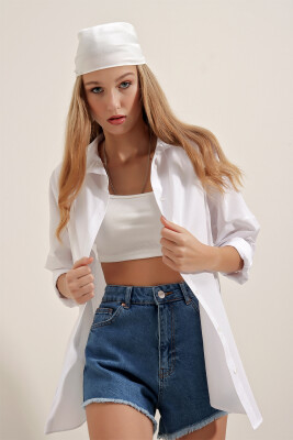 Kadın Beyaz Oversize Uzun Basic Gömlek 3900 - 3