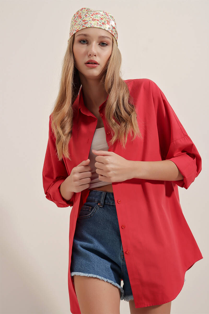 3900 Oversize Uzun Basic Gömlek - Kırmızı - BİGDART