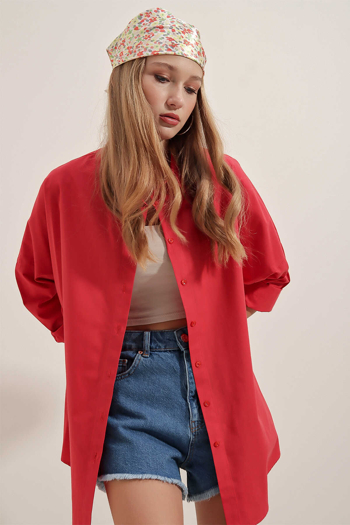 3900 Oversize Uzun Basic Gömlek - Kırmızı - 4