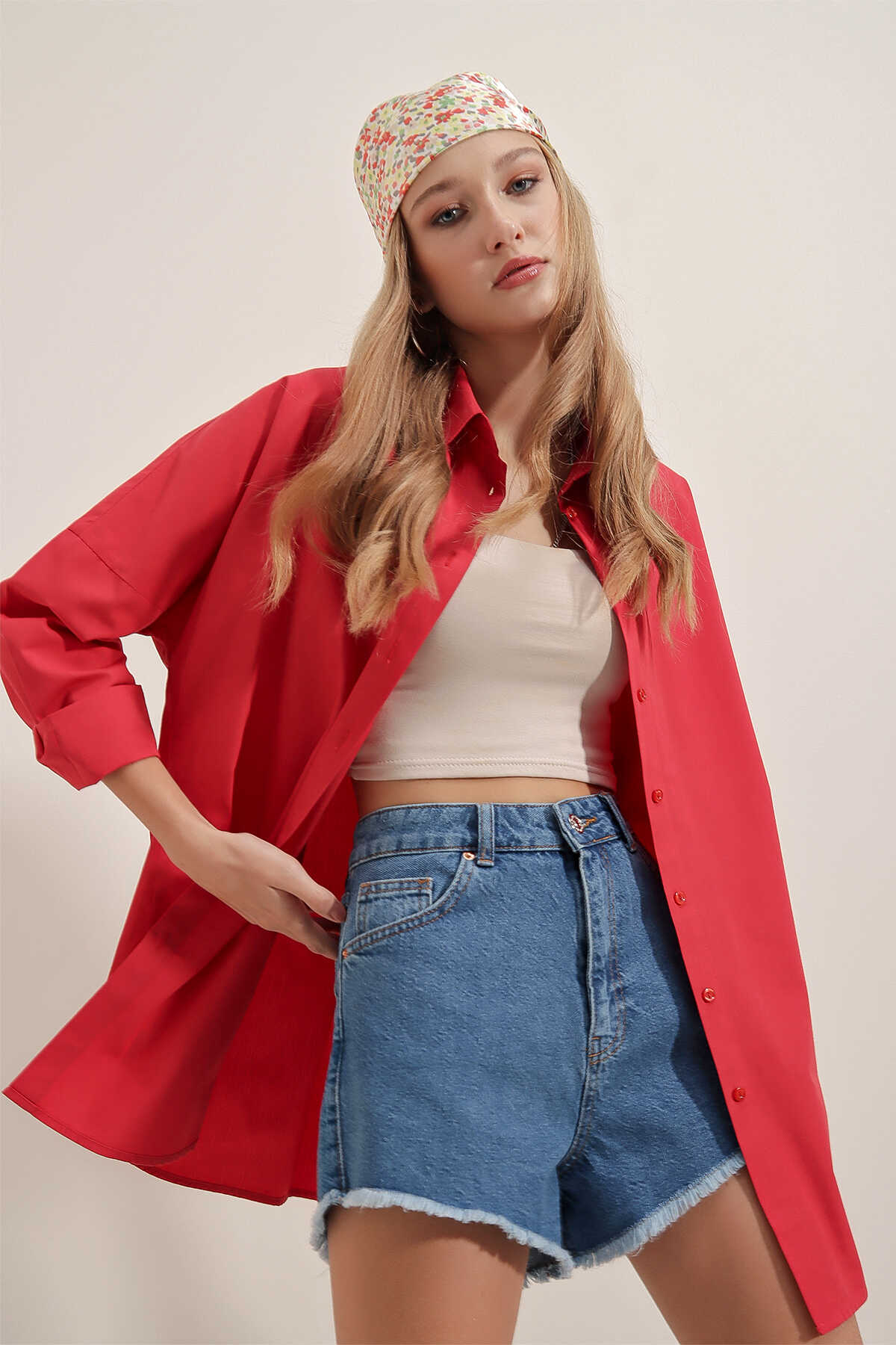3900 Oversize Uzun Basic Gömlek - Kırmızı - 5