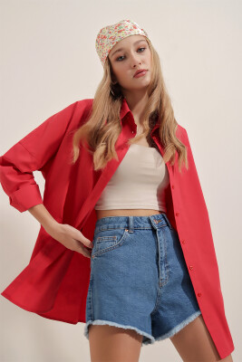 3900 Oversize Uzun Basic Gömlek - Kırmızı - 5