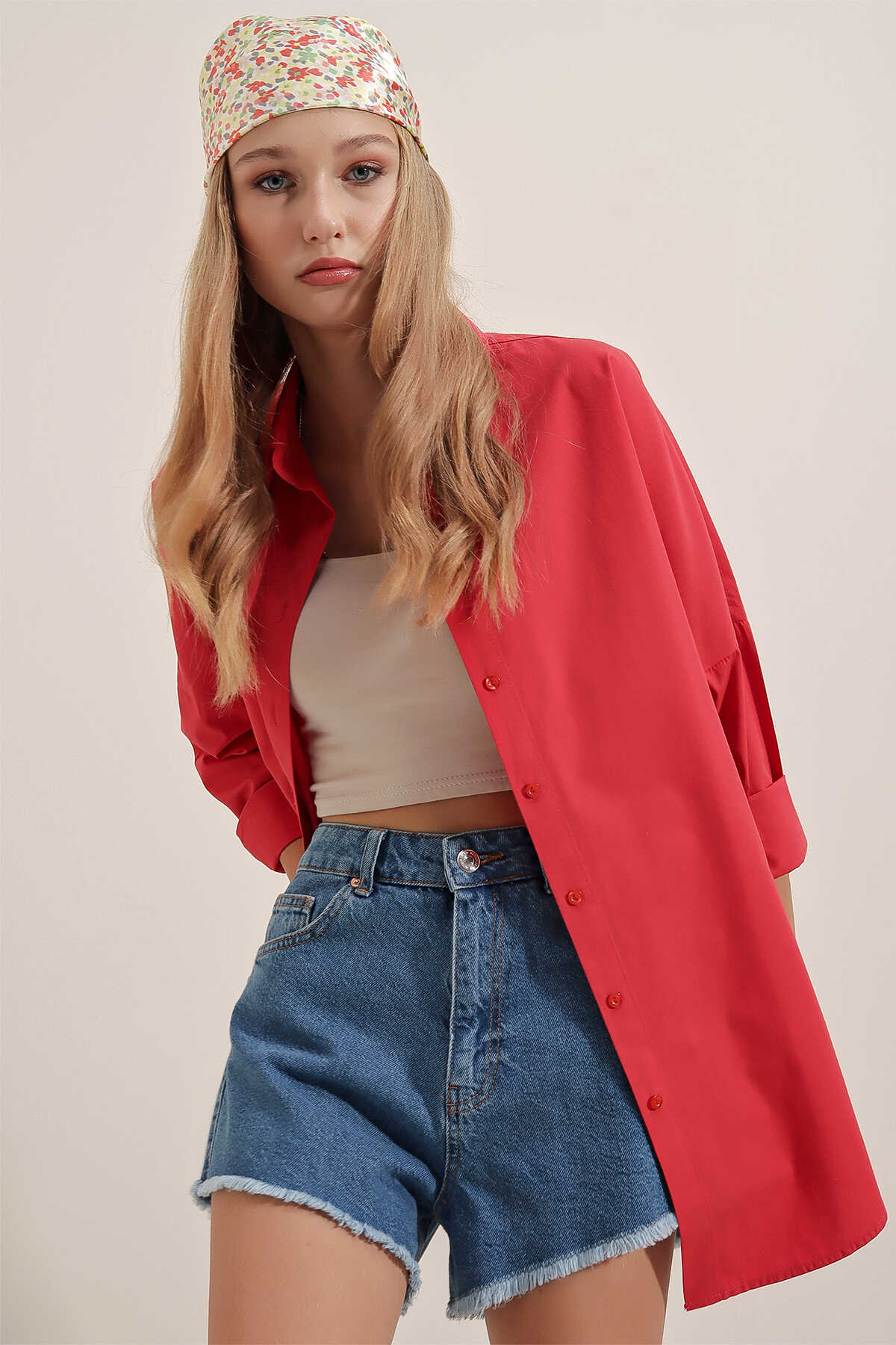 3900 Oversize Uzun Basic Gömlek - Kırmızı - 7