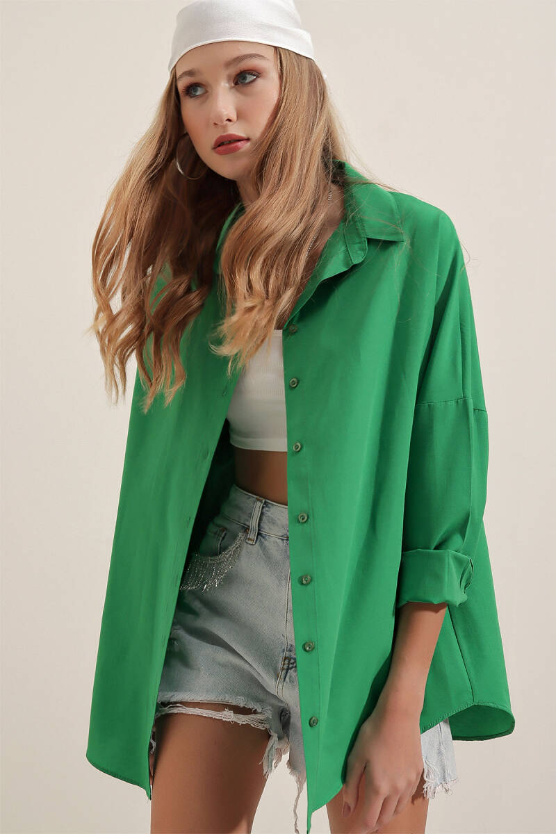 3900 Oversize Uzun Basic Gömlek - Yeşil - BİGDART