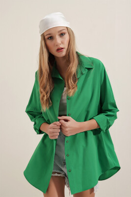 3900 Oversize Uzun Basic Gömlek - Yeşil - 2
