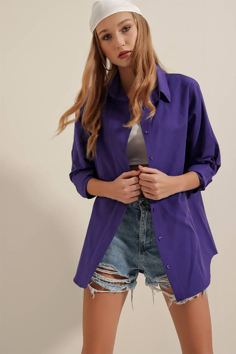 3900 Oversize Uzun Basic Gömlek - Mor - BİGDART