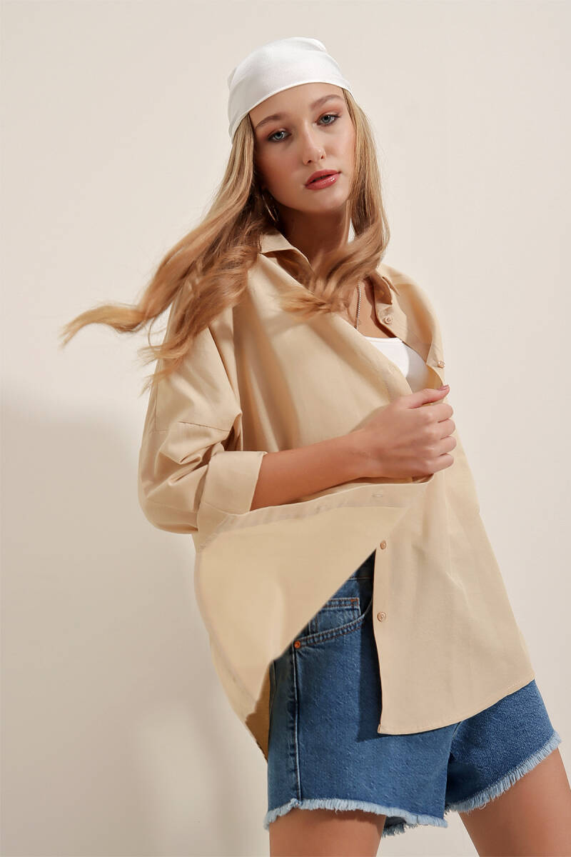 3900 Oversize Uzun Basic Gömlek - Bej - BİGDART