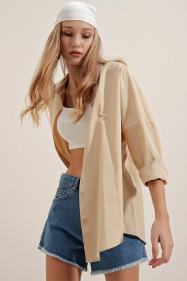 3900 Oversize Uzun Basic Gömlek - Bej - 2