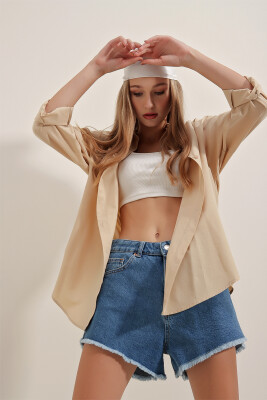 3900 Oversize Uzun Basic Gömlek - Bej - 3