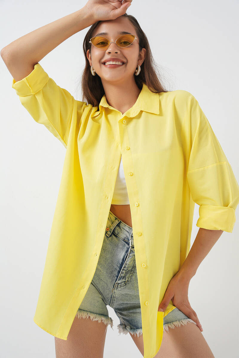 3900 Oversize Uzun Basic Gömlek - Sarı - BİGDART
