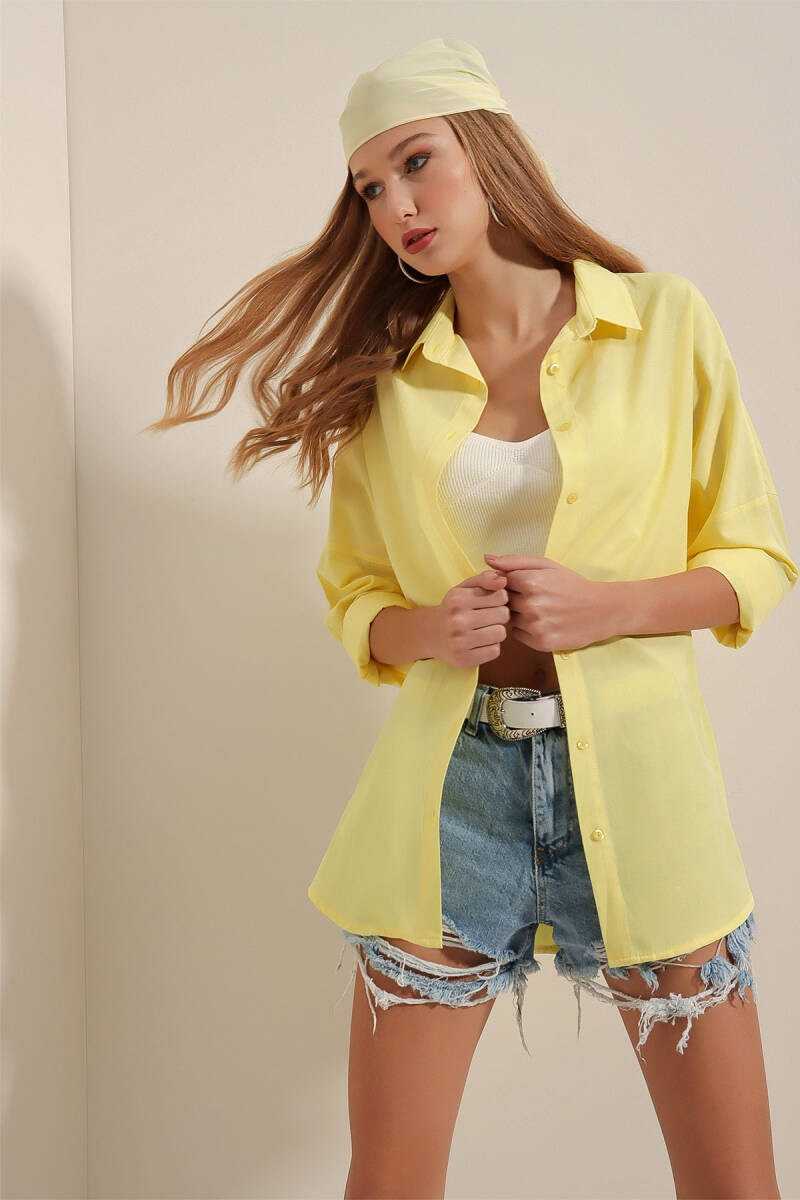 3900 Oversize Uzun Basic Gömlek - Sarı (1)