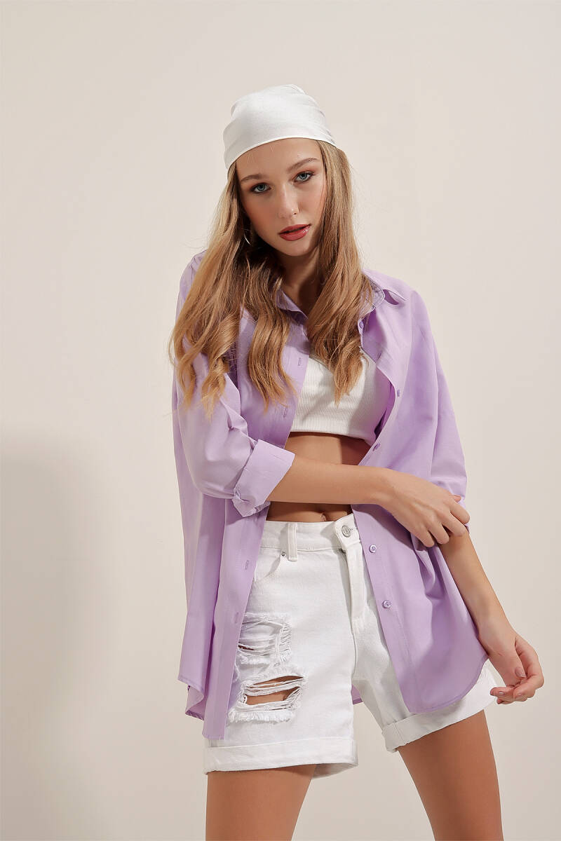 3900 Oversize Uzun Basic Gömlek - Lila - BİGDART