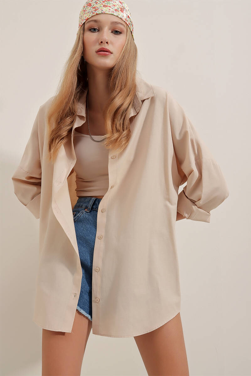 3900 Oversize Uzun Basic Gömlek - Krem - BİGDART