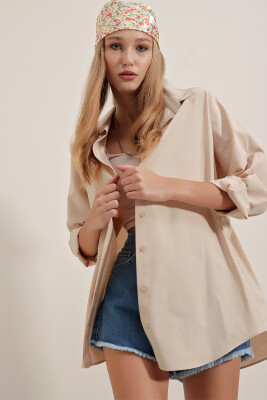 3900 Oversize Uzun Basic Gömlek - Krem - 2