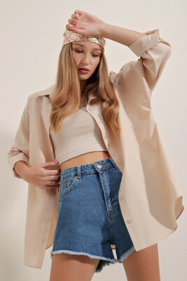 3900 Oversize Uzun Basic Gömlek - Krem - 5