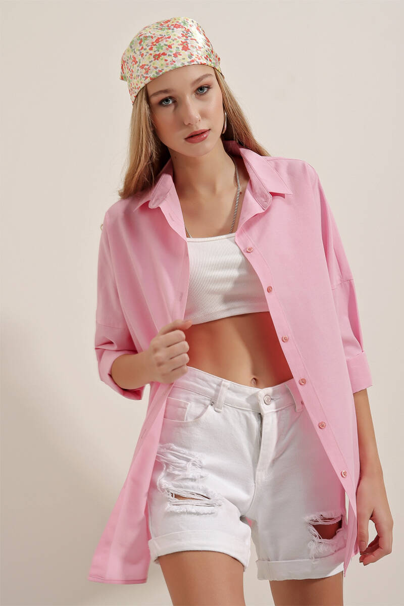 3900 Oversize Uzun Basic Gömlek - Pembe - BİGDART