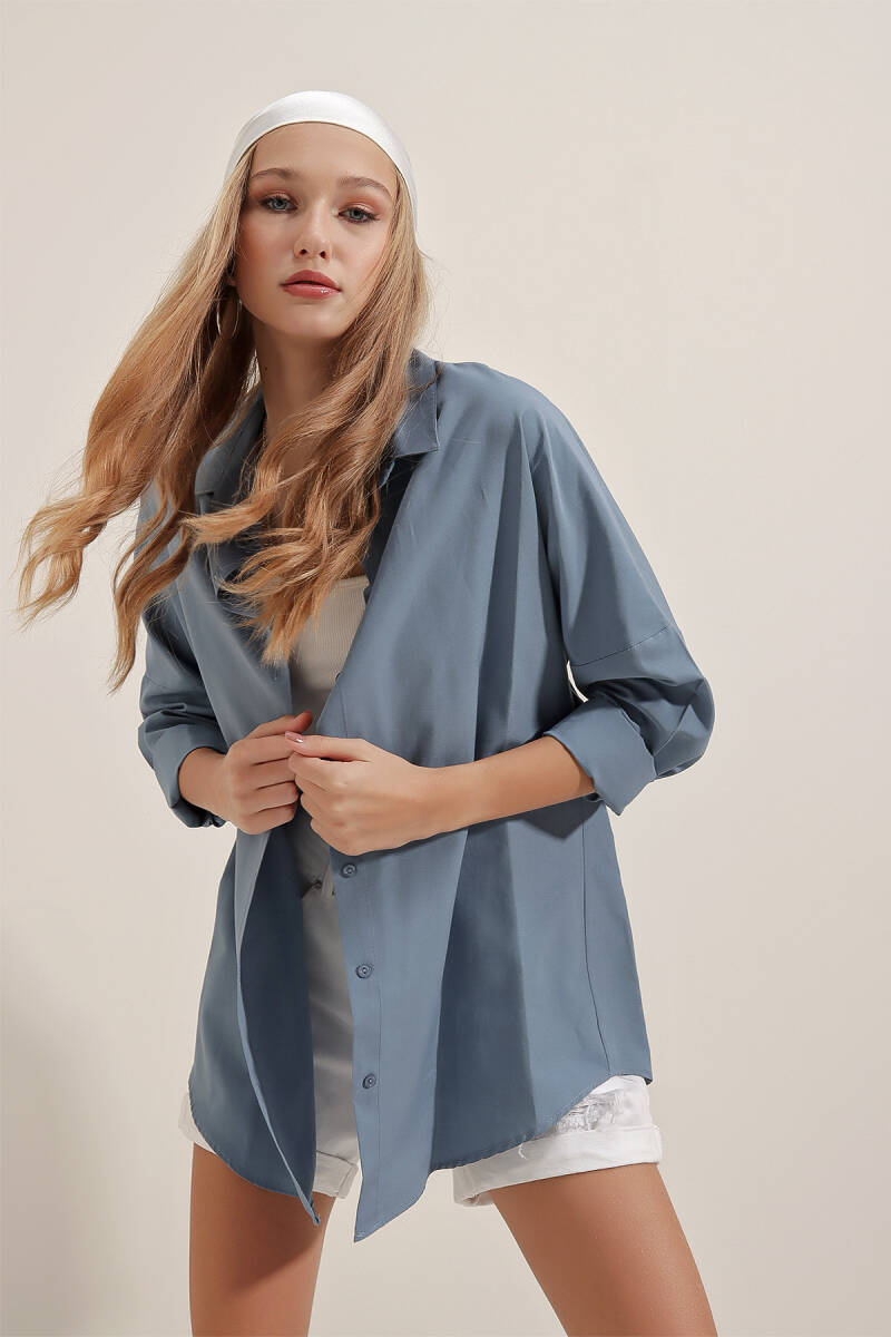 3900 Oversize Uzun Basic Gömlek - İndigo - BİGDART