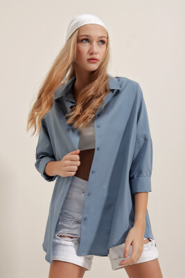 3900 Oversize Uzun Basic Gömlek - İndigo - 2