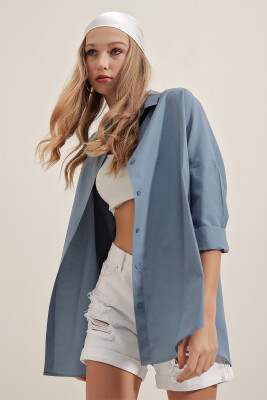 3900 Oversize Uzun Basic Gömlek - İndigo - 4
