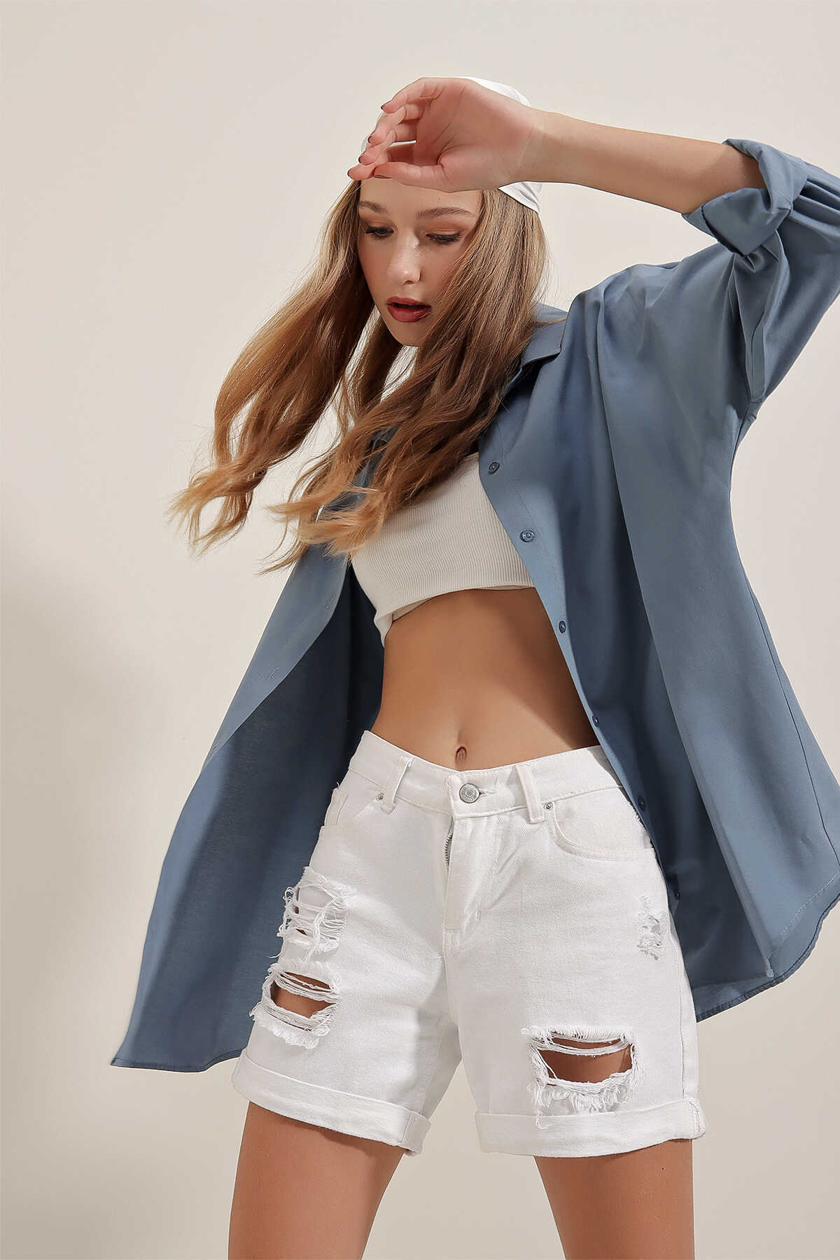 3900 Oversize Uzun Basic Gömlek - İndigo - 6