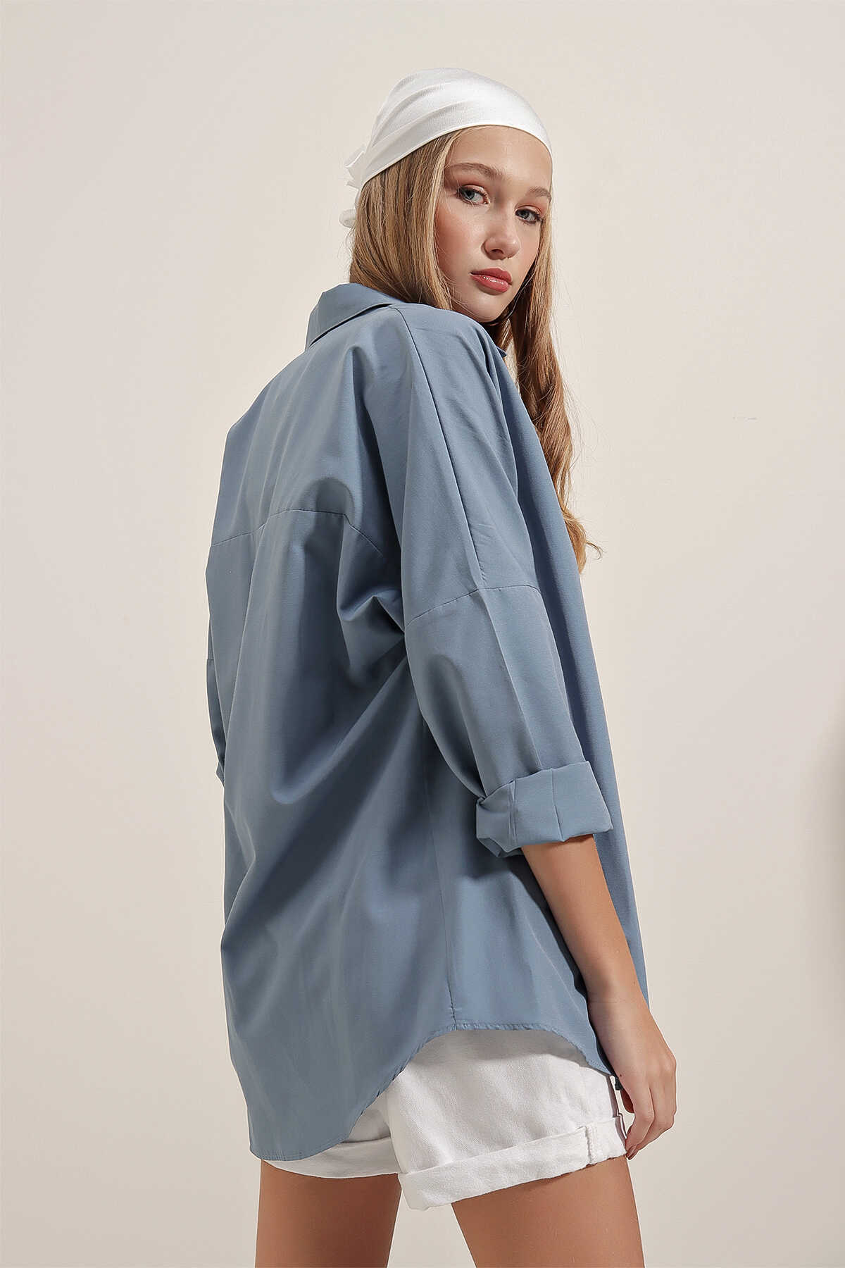 3900 Oversize Uzun Basic Gömlek - İndigo - 8