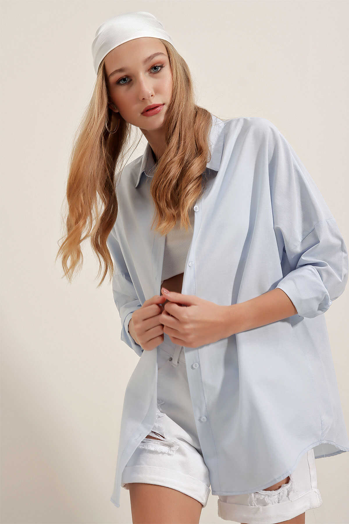 3900 Oversize Uzun Basic Gömlek - Açık Mavi - 2