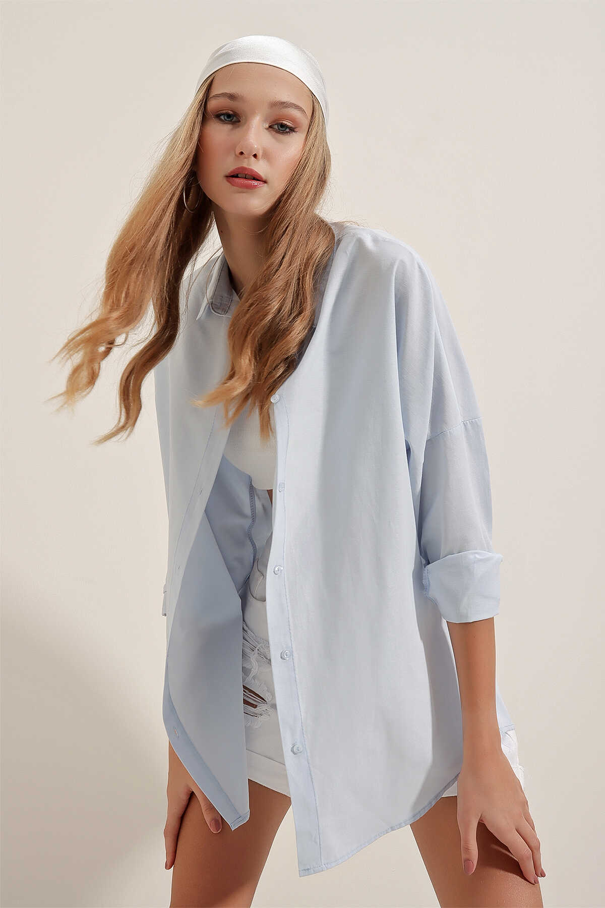 3900 Oversize Uzun Basic Gömlek - Açık Mavi - 5