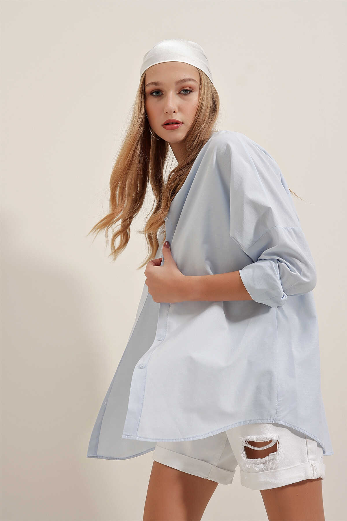 3900 Oversize Uzun Basic Gömlek - Açık Mavi - 7