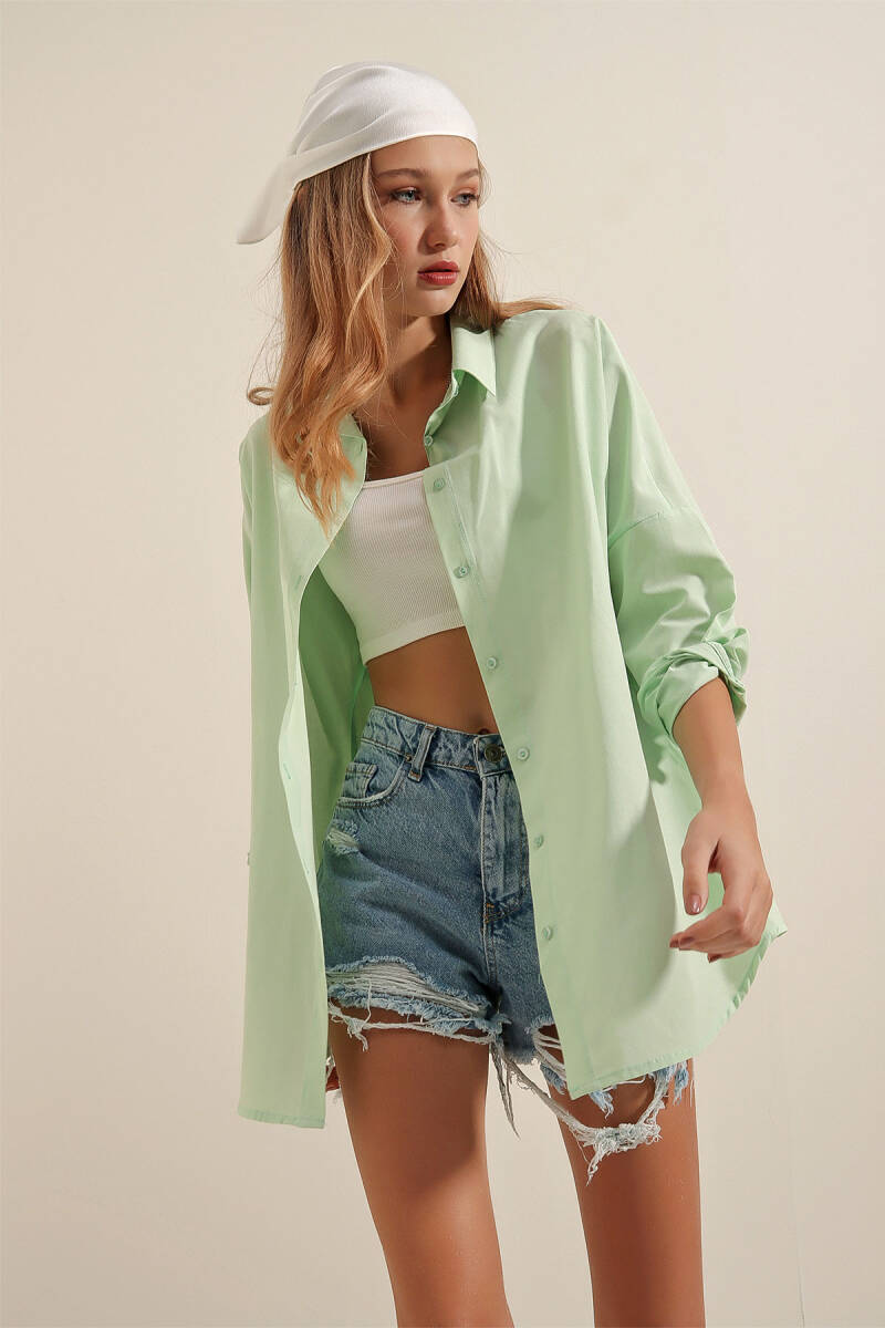 3900 Oversize Uzun Basic Gömlek - E.Yeşil - BİGDART