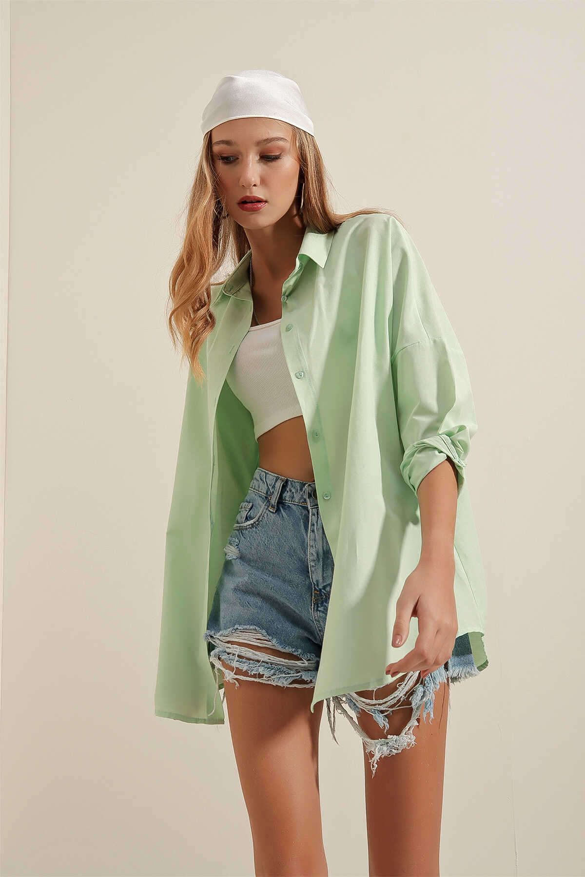 3900 Oversize Uzun Basic Gömlek - E.Yeşil - 4