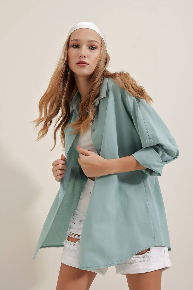 3900 Oversize Uzun Basic Gömlek - Su Yeşili - BİGDART